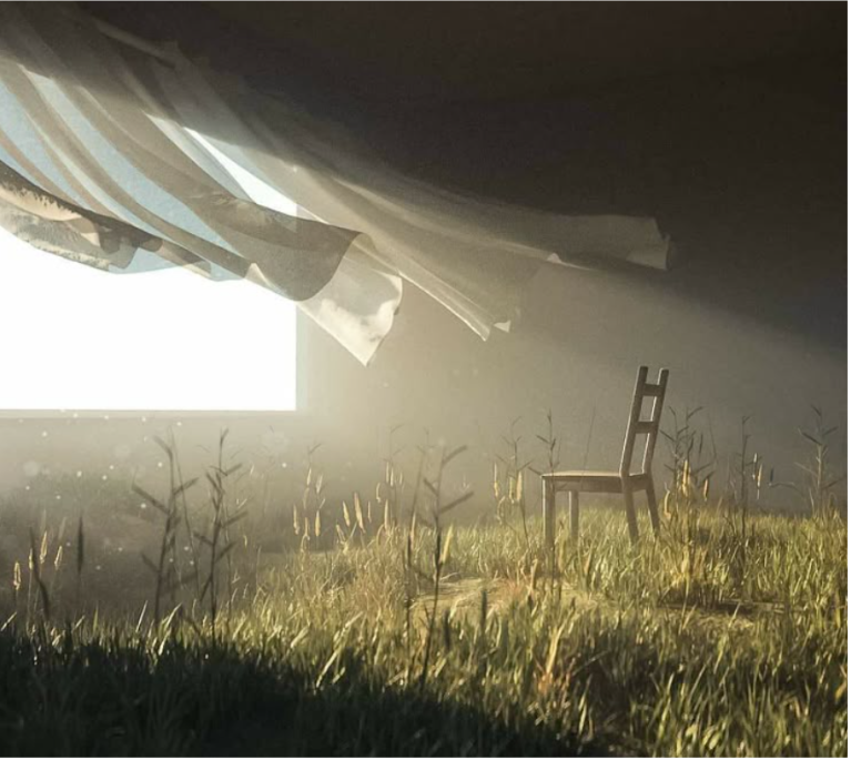 "A wooden chair sits alone in a serene, grassy space bathed in soft sunlight. Delicate wildflowers and tall grass surround the chair, while a large window with billowing white curtains fills the room with natural light. The interplay of shadows and light creates a peaceful and dreamlike atmosphere."